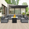 7 Piece Outdoor PE Wicker Furniture Set, Patio Gray Rattan Sectional Sofa Couch Adjustable Gas Fire Pit Dark Blue Cushions DECOR MODISH